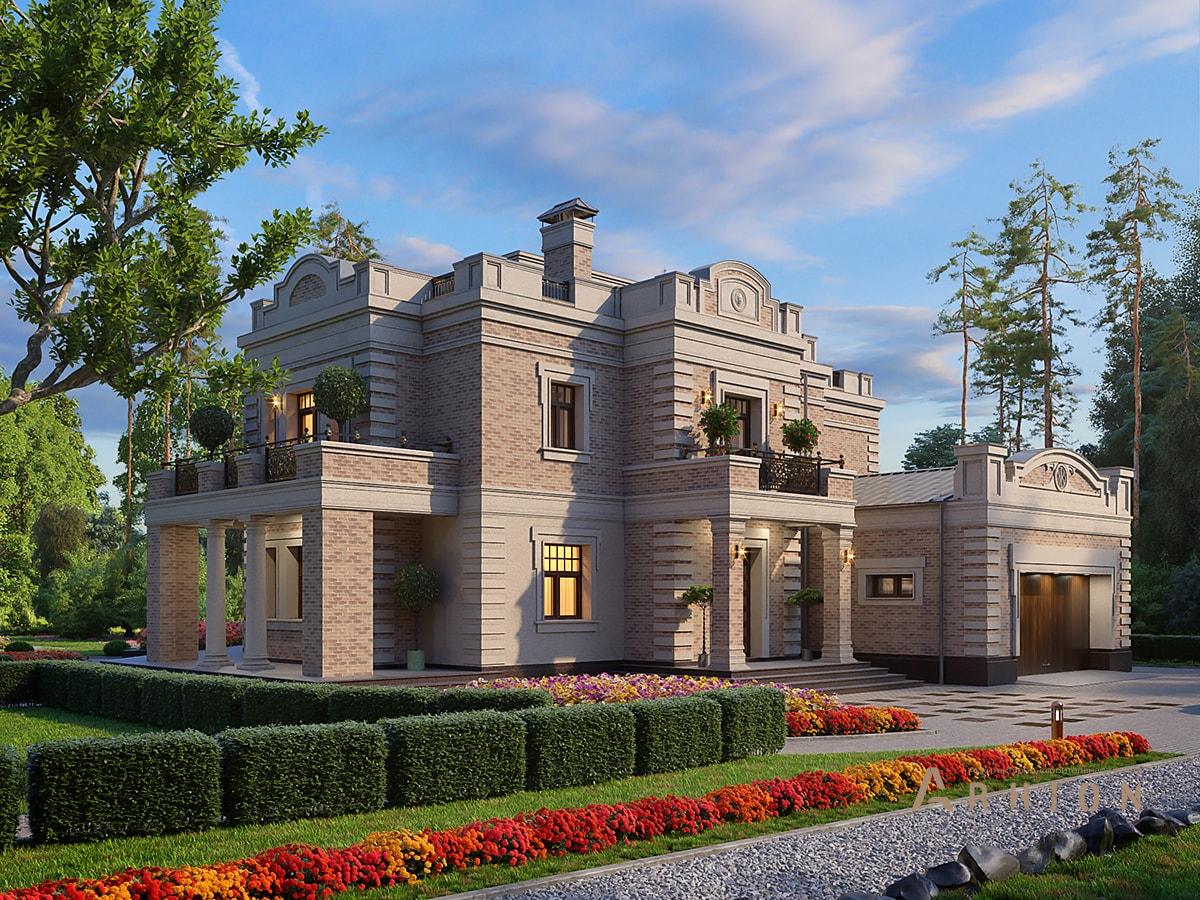 2. Проект двухэтажного дома в дворцовом стиле с плоской кровлей , av-630, площадью - 447 кв c сауной, терассой, балконом, гаражом, эркером, вторым светом